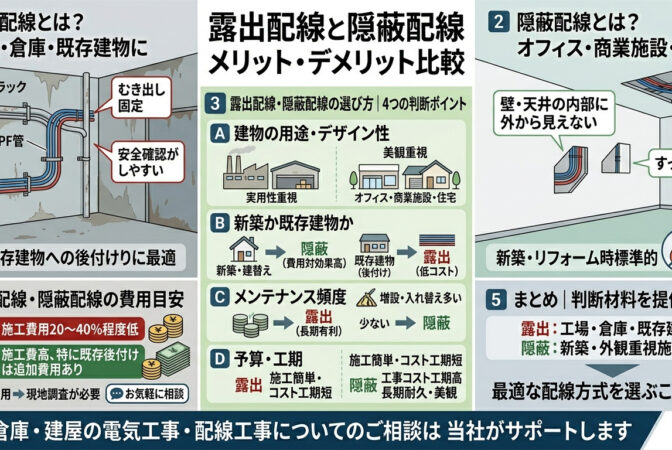 露出配線と隠蔽配線　それぞれのメリット・デメリットとは？｜近畿 工場・建屋工事・メンテナンスセンター