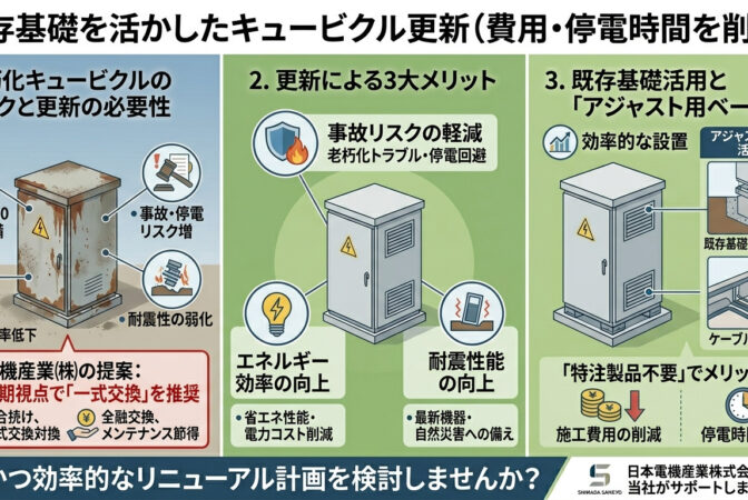 既存基礎を活かしたキュービクル更新とは｜費用・停電時間を抑える具体的な方法｜近畿 工場・建屋工事・メンテナンスセンター