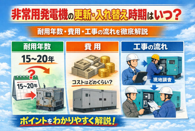 非常用発電機の更新・入れ替え時期はいつ？【20年が目安】耐用年数・費用・工事の流れを徹底解説｜近畿 工場・建屋工事・メンテナンスセンター