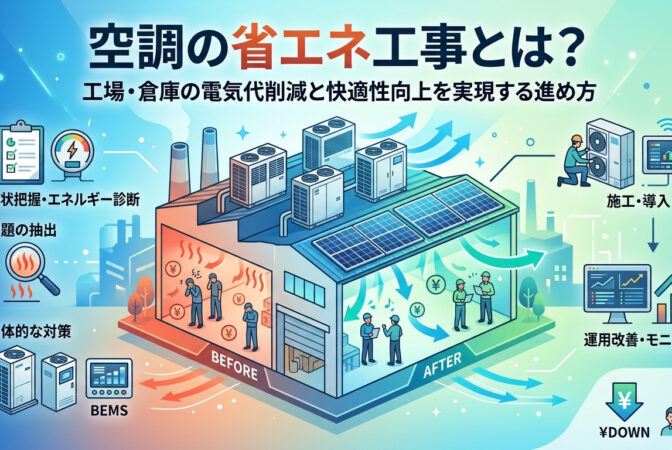 空調の省エネ工事とは？工場・倉庫の電気代削減と快適性向上を実現する進め方｜近畿 工場・建屋工事・メンテナンスセンター