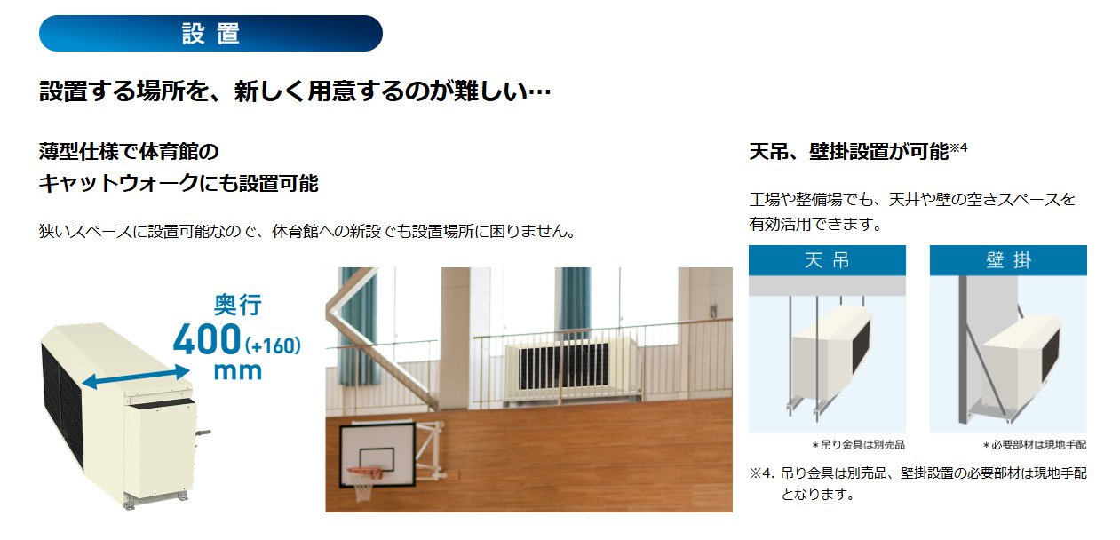 マルチジェット 天吊・壁掛・床置の3方式設置イメージ(工場・倉庫対応)